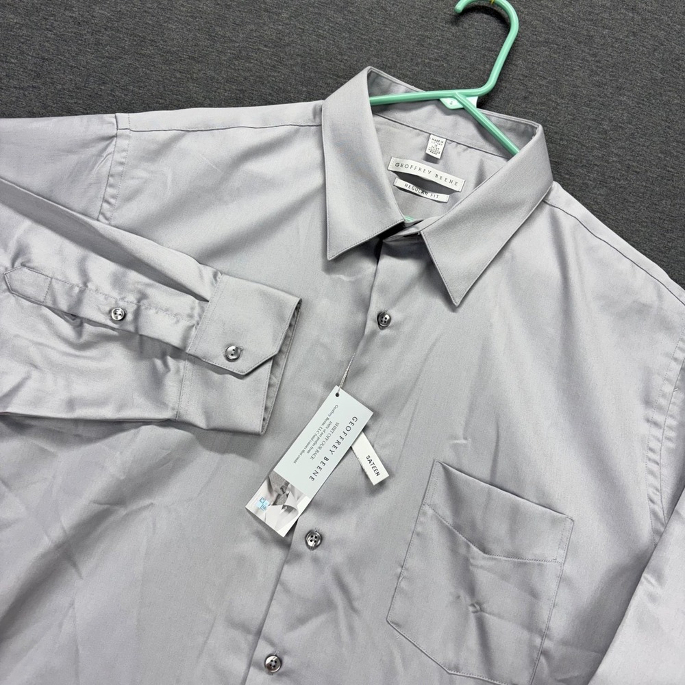 Geoffrey Beene Dress Shirt Mens 18 34-35 Regular Fit Gunmetal Sateen Long Sleeve
